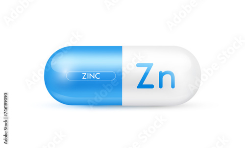 Zinc minerals capsule blue 3D isolated on white background. Nutrients necessary for the body helps maintain brain and bone. Dietary supplement health care concept. Vector EPS10 illustration.