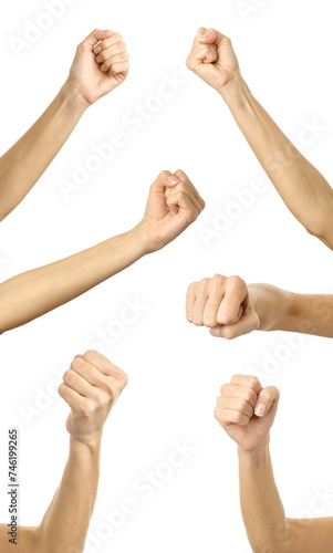 Fist. Multiple images set of female caucasian hand with french manicure showing fist gesture photo