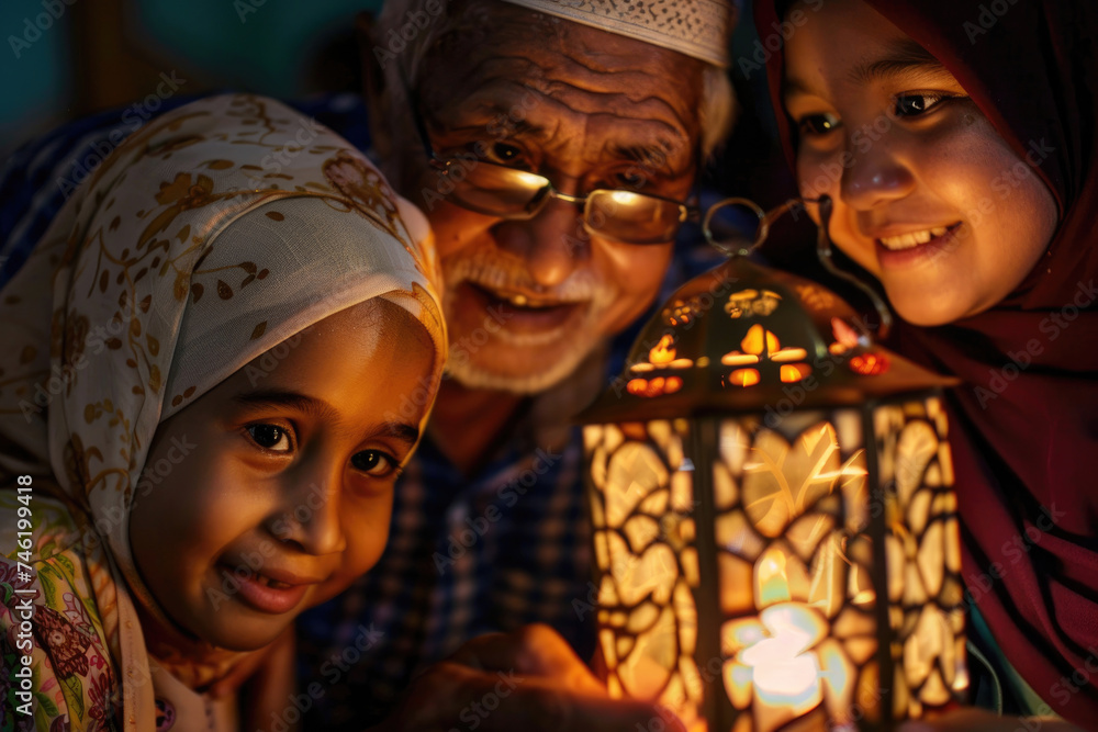 A family's joyful faces illuminated by Ramadan lantern light