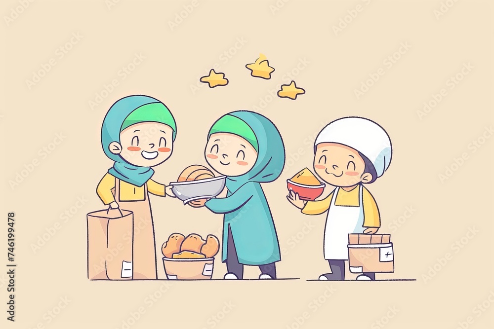 Cartoon cute doodles of characters preparing and distributing food packages to the less fortunate and homeless individuals during Ramadan, Generative AI Cartoon cute doodles of characters preparing and distributing food packages to the less fortunate and homeless individuals during Ramadan, Generative AI