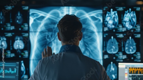 Doctor analyst studying charts of lung or heart in front of display setup
