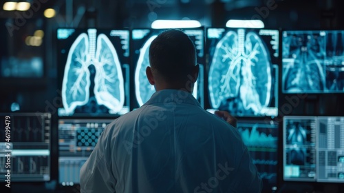 Doctor analyst studying charts of lung or heart in front of display setup © Media Srock