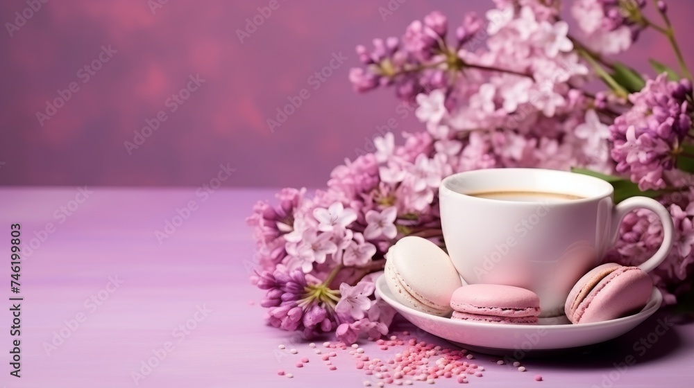 Easter egg and spring flowers in a cup of tea on a violet background Easter egg and spring flowers in a cup of tea on a violet background