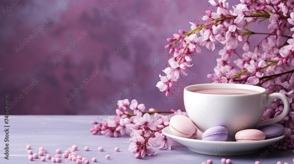 Easter egg and spring flowers in a cup of tea on a violet background Easter egg and spring flowers in a cup of tea on a violet background