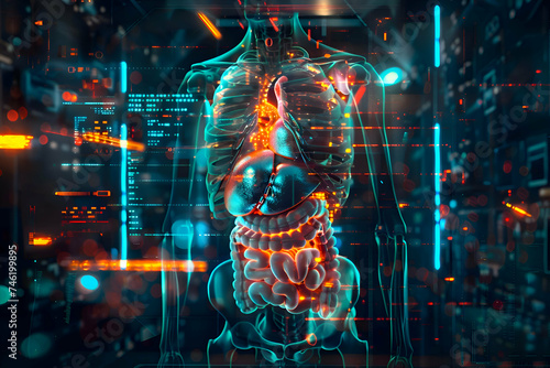 illustration digital artwork inspired by an MRI of the upper abdomen integrating cyberpunk elements to highlight the organs and structures.