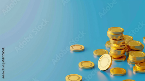 gold coins on plain blue background  business concept  copy space area for text