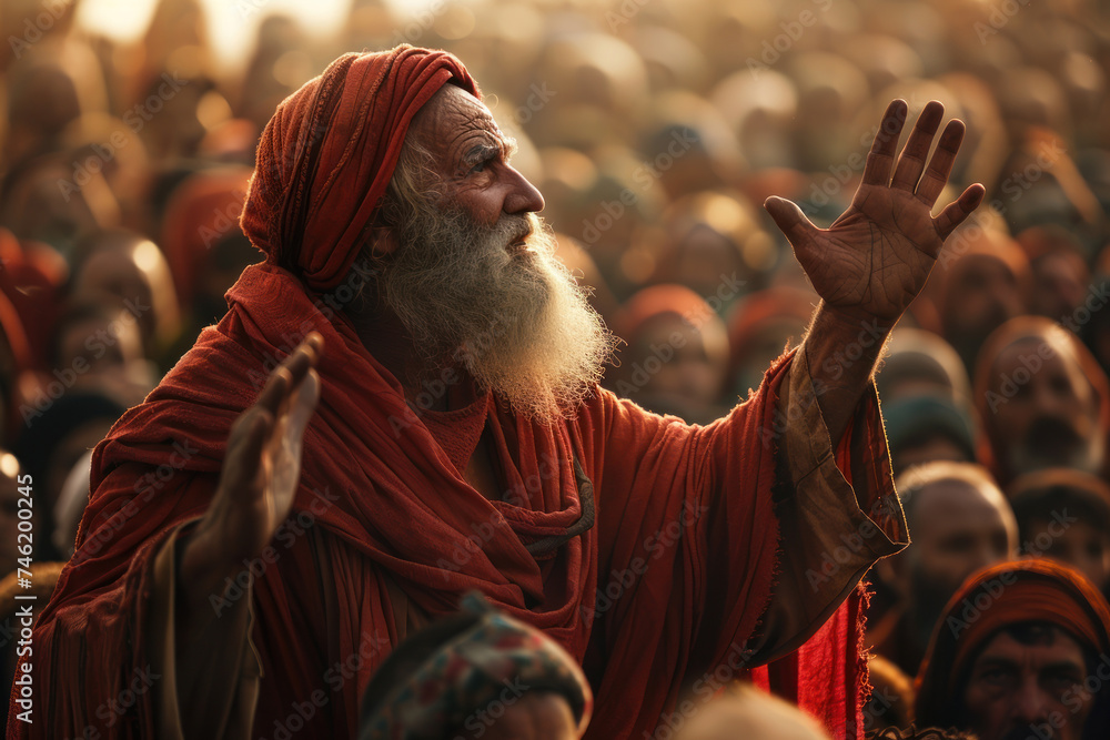Showcase a prophet preaching to a crowd with conviction and passion - obrazy, fototapety, plakaty 