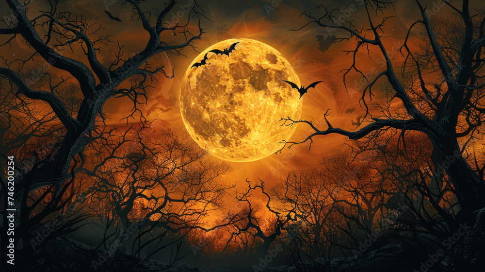 Spooky full moon, Halloween night, bats flying over dark, twisted forest