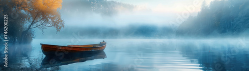 Panoramic scene of a magical boat trip, lake enveloped in morning mist, first light