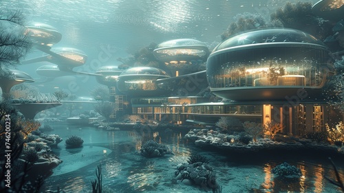 Immersive 3D-Rendered Underwater Cityscape with Futuristic Architecture and Marine Life