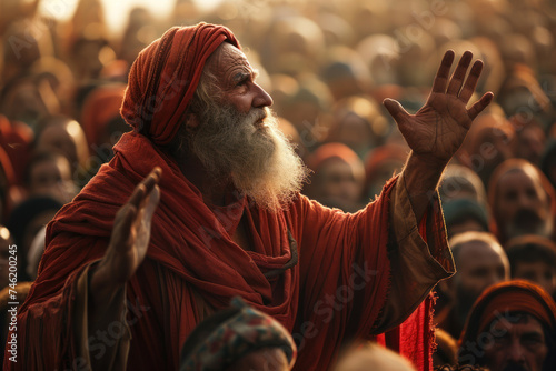 Showcase a prophet preaching to a crowd with conviction and passion photo