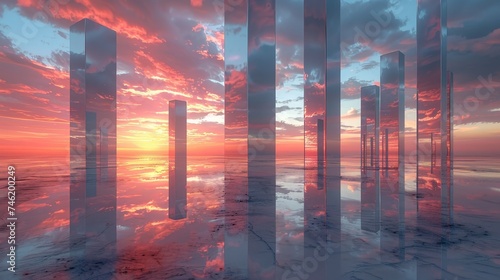Fototapeta Naklejka Na Ścianę i Meble -  Minimalist 3D-Rendered Scene Featuring a Series of Reflective Monolithic Structures at Sunset