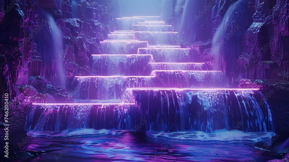 Neon Fantasy Falls: 3D Background of Cascading Digital Waterfalls Flowing in a Mystical Cave Setting