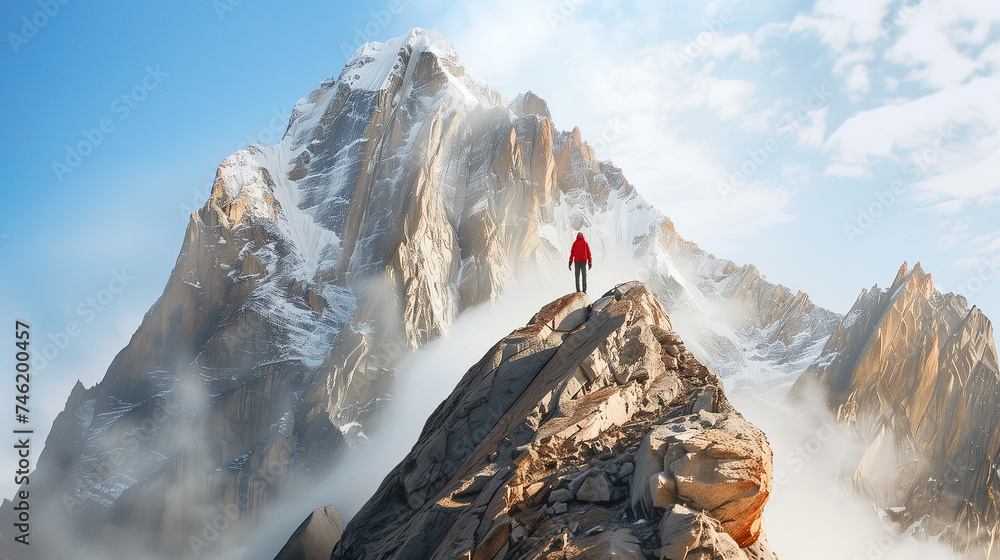 Gigantic woman with high heels hiking over a small snowy mountain peak, female giant as tall as K2 mountain walking across the landscape with enormous strides - obrazy, fototapety, plakaty 