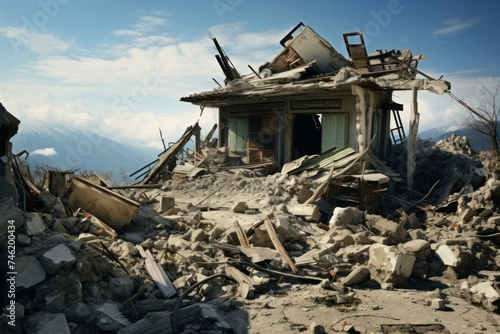 Destroyed Ruined house after earthquake. Insurance concrete. Generate Ai