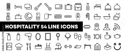 Set of hospitality, hotel industry, travel, service icons in line style. Vector illustration