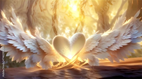 A symbolic digital composition featuring a heart with angel wings bathed in a mystical, warm light, evoking feelings of love and protection.
