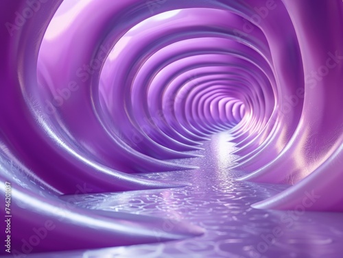 A cylindrical purple tunnel with water streaming through it.
