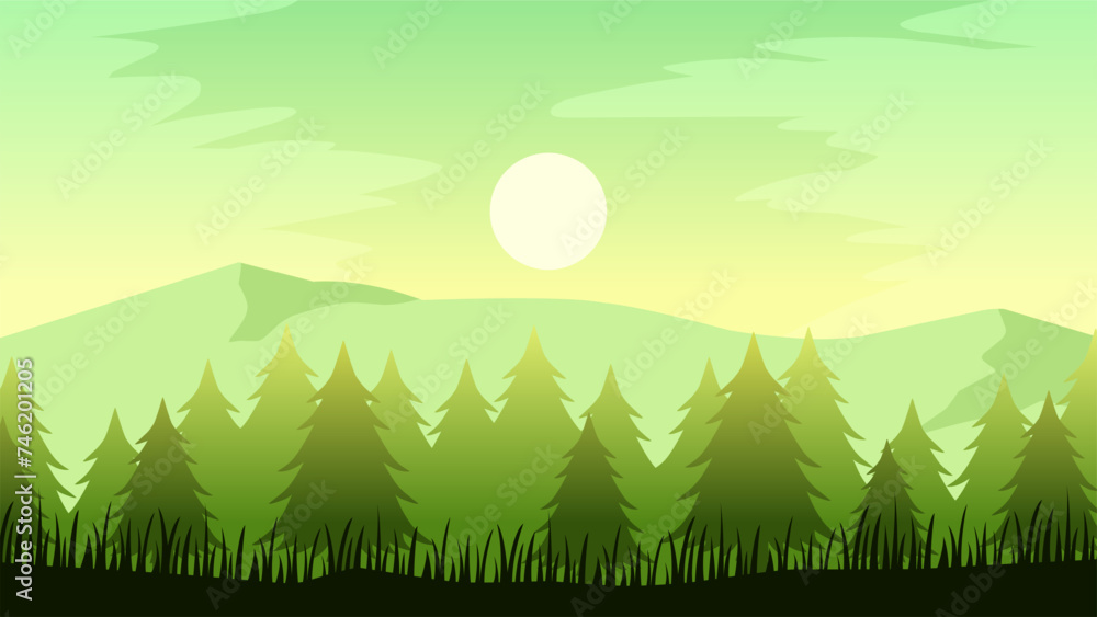 Pine forest landscape vector illustration. Silhouette of a coniferous forest in the morning. Pine forest landscape for illustration, background or wallpaper