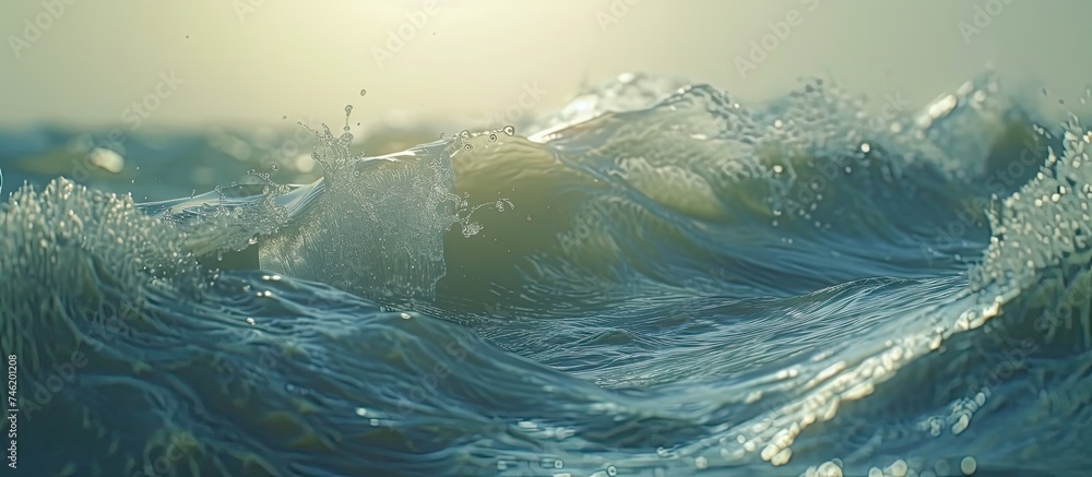 This close-up shot captures the powerful force of a wave in the ocean. The wave appears to be crashing and churning as it moves towards the shore, creating a dramatic and dynamic scene.