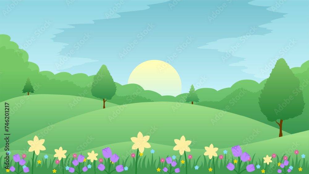 Spring landscape vector illustration. Hill landscape in spring season with blooming flowers and meadow. Spring season landscape for illustration, background or wallpaper