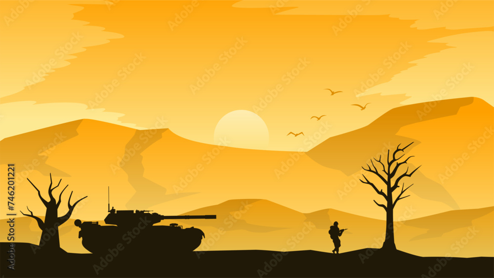 Military training field landscape vector illustration. Silhouette of military tank and soldier in battlefield. Military landscape for illustration, background or wallpaper Military training field landscape vector illustration. Silhouette of military tank and soldier in battlefield. Military landscape for illustration, background or wallpaper