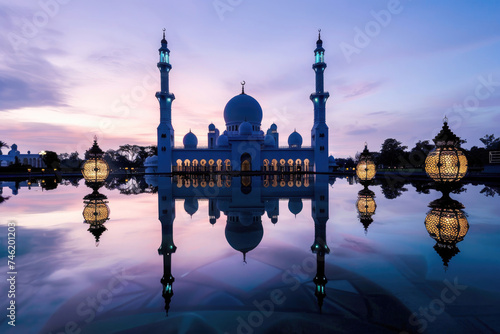 A serene mosque silhouette against the twilight sky of Ramadan