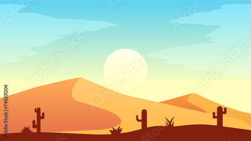 Desert landscape vector illustration. Heat and dry sand desert with cactus plant in the morning. Sand desert landscape for illustration  background or wallpaper