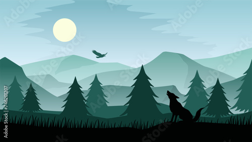 Wildlife wolf landscape vector illustration. Silhouette of wolf and eagle in the pine forest. Wildlife wolf landscape for illustration, background or wallpaper