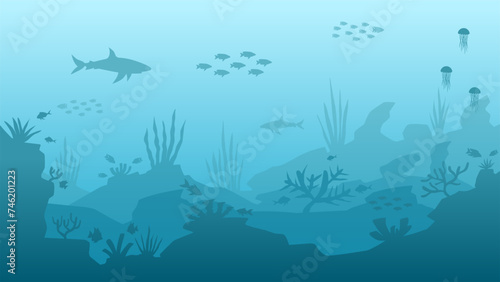 Underwater seascape vector illustration. Deep sea silhouette with fish and coral reef. Undersea landscape for illustration, background or wallpaper