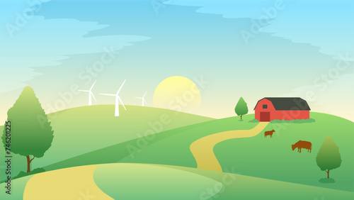 Farmland landscape vector illustration. Countryside landscape with livestock cow and a barn farmhouse. Rural agriculture landscape for illustration, background or wallpaper