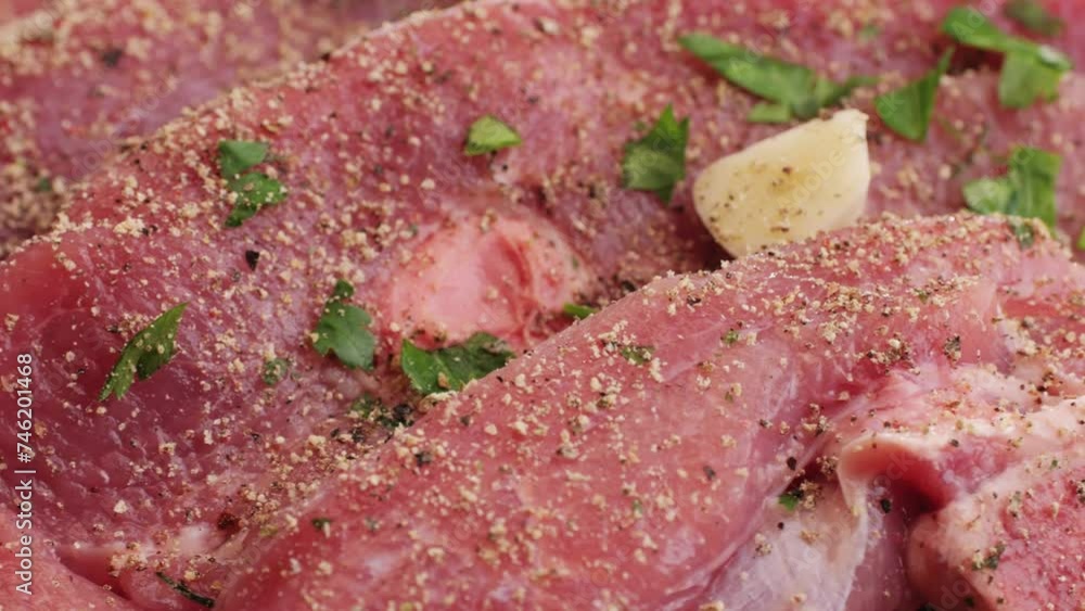 Raw slice beef meat in spices: paprika, salt, pepper, turmeric on plate close-up. Preparing raw food for cooking. Grill and Fry beef, pork, chicken, duck, turkey kebab with vegetables. Raw slice beef meat in spices: paprika, salt, pepper, turmeric on plate close-up. Preparing raw food for cooking. Grill and Fry beef, pork, chicken, duck, turkey kebab with vegetables.