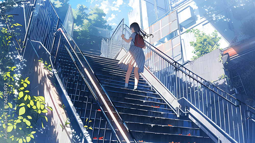 anime school idol girl, climbing the stairs - obrazy, fototapety, plakaty 