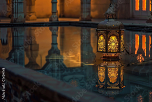 An old lantern reflects on a tranquil pool during a peaceful Ramadan evening