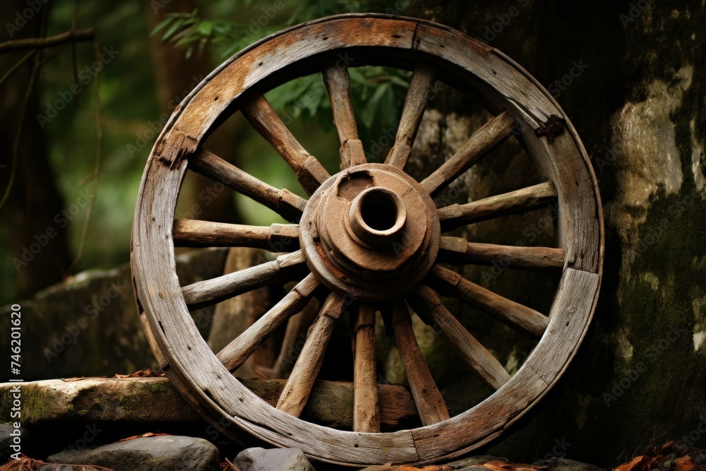 Charming Rustic old wheel scene. Rustic wooden wooden cart. Generate Ai