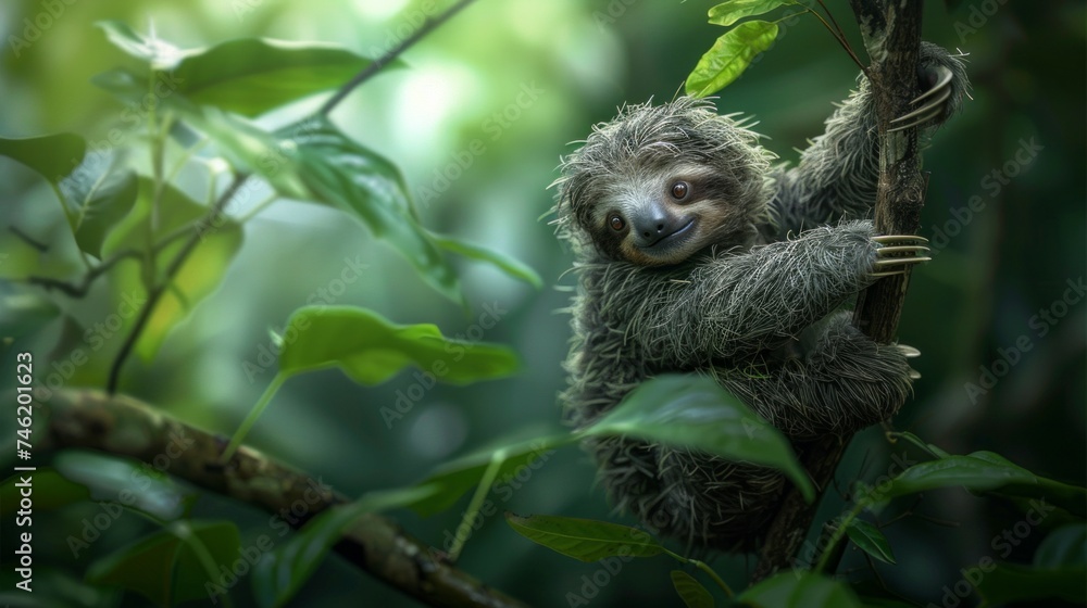 Fototapeta premium A baby sloth hanging from a tree branch, its tiny, curious eyes peeking out from a fuzzy face, the epitome of slow-moving cuteness, set against the lush backdrop AI Generative