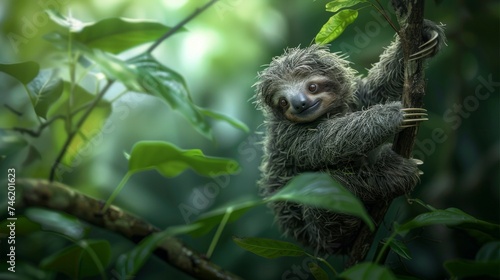 A baby sloth hanging from a tree branch, its tiny, curious eyes peeking out from a fuzzy face, the epitome of slow-moving cuteness, set against the lush backdrop AI Generative © sorapop