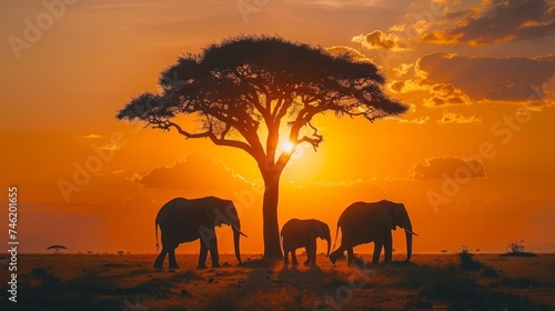 A close-knit family of elephants, their silhouettes against the setting sun, creating a timeless scene of natural beauty and familial bonds, set in the vast expanse of the African AI Generative © sorapop