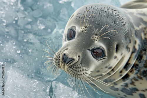 A serene seal rests on ice, its gaze calm and knowing