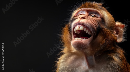 A smiling Barbary Macaque Monkey, teeth bared in a humorous grin, isolated against a black background, a funny portrait that captures the playful nature of this fascinating animal, AI Generative