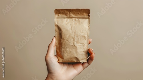 Woman's hand holding blank pouch with copy space isolated over beige background.