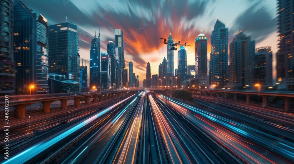 A bustling urban scene with skyscrapers under a sunset sky as light trails from cars create a sense of rapid movement on the roadway A bustling urban scene with skyscrapers under a sunset sky as light trails from cars create a sense of rapid movement on the roadway