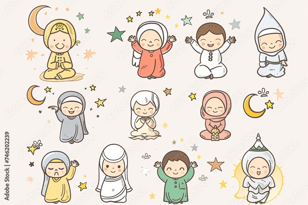 Cartoon cute doodles of characters engaging in acts of self-reflection and spiritual growth during Ramadan, striving to become better individuals, Generative AI