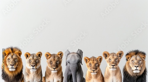 Assortment of wild zoo animals, from lions to elephants, posed against a stark white background, perfectly suited for a web banner, each creature AI Generative