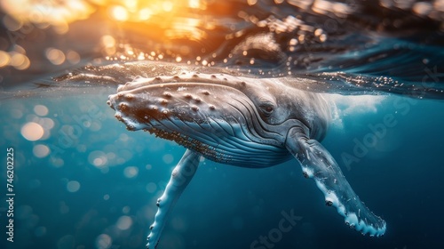 baby humpback whale near surface, tranquil blue ocean, playful moment, luminous water, serene, soft focus, gleaming sunbeams, AI Generative