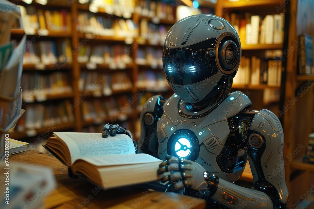 AI learning concept, robot reading book in library background. Generative AI. AI learning concept, robot reading book in library background. Generative AI.