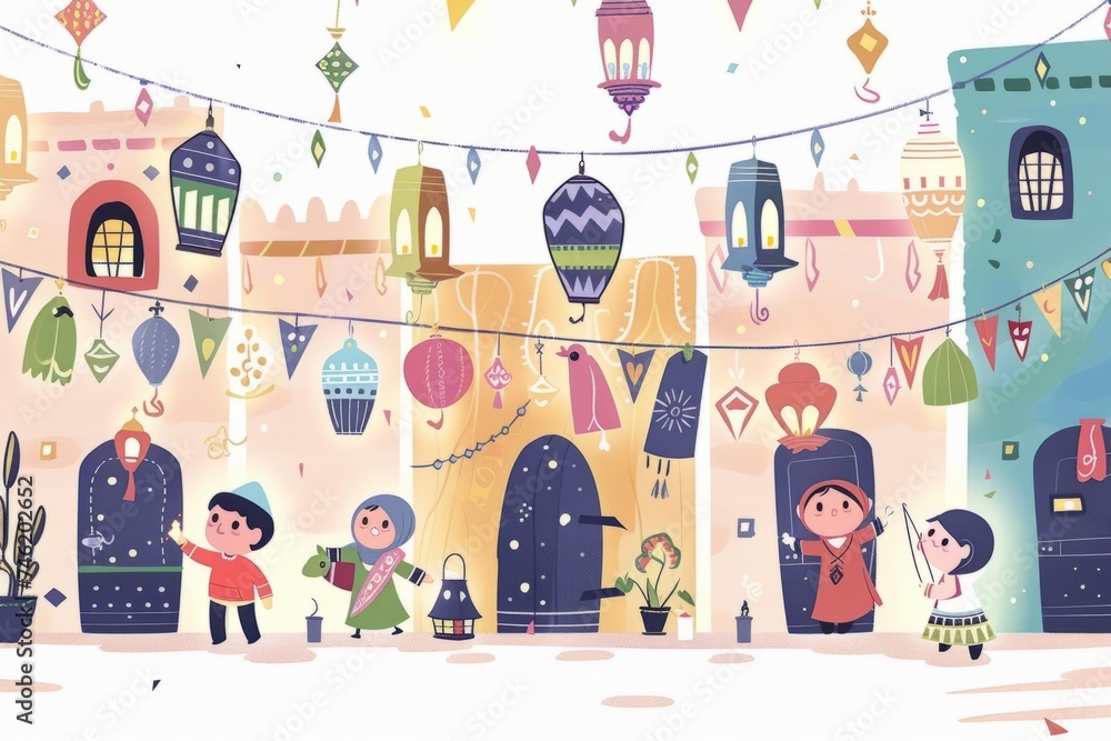 Obraz premium Cartoon cute doodles of characters decorating their homes with festive Ramadan lanterns and colorful lights to celebrate the holy month, Generative AI