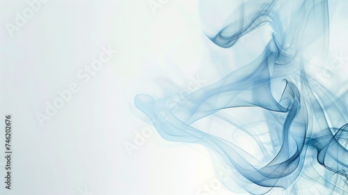 Create an image of delicate blue smoke swirling elegantly in the foreground, set against a crisp white background that transitions into a light blue hue, AI Generative