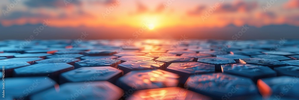 The sun sets over the ocean, casting a golden glow on the waters surface where hexagon tiles reflect the fading light. - obrazy, fototapety, plakaty 