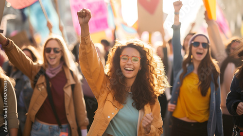 Wallpaper Mural Group of happy Asian women are marching and raising hands. Background for the women's day presentation. Torontodigital.ca